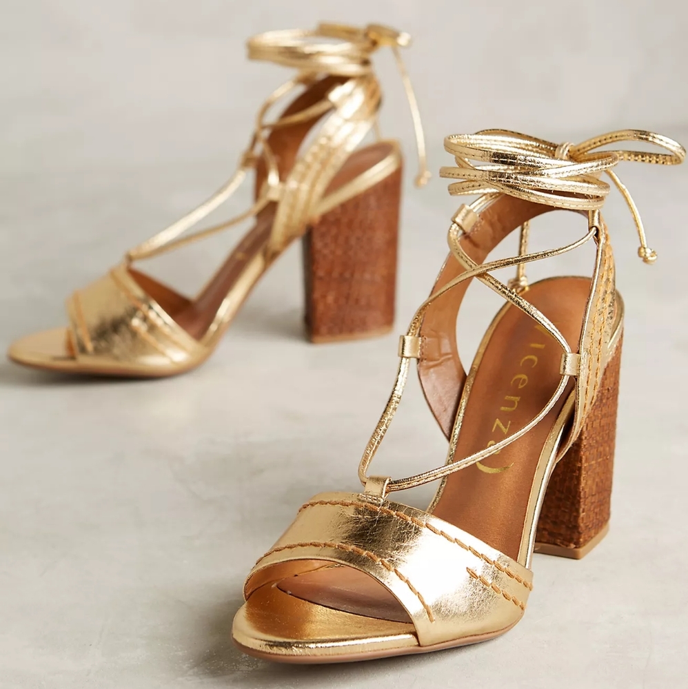 Anthroplogie Vicenza Beatriz Heels Sandals Gold Strappy 3.5" Rafia Gladi…